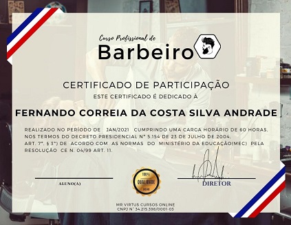 Certificado Curso Cabeleireiro Masculino Profissional em Alcinopolis MS
